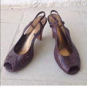 Seychelles Brown Peep Toe High Heels Sz 8 Sling Back Leather Cutout Womens Shoes